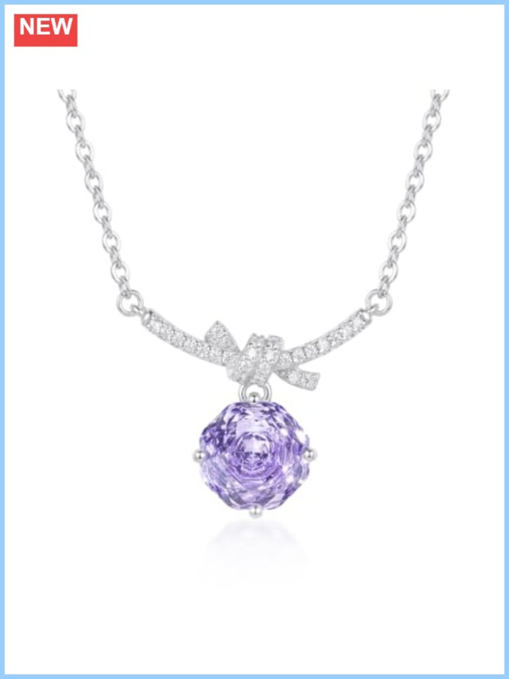 White Gold Plated Bow Pendant Necklace Cubic Zirconia Birthstone Jewelry Gift